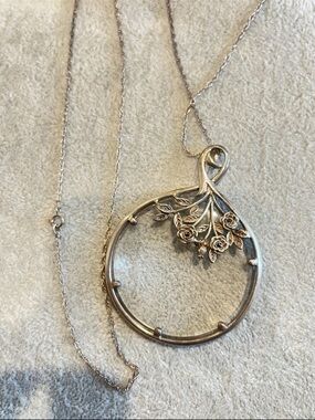 VTG Victorian Sterling Silver Sapphire Magnifying Glass Pendant chain Necklace